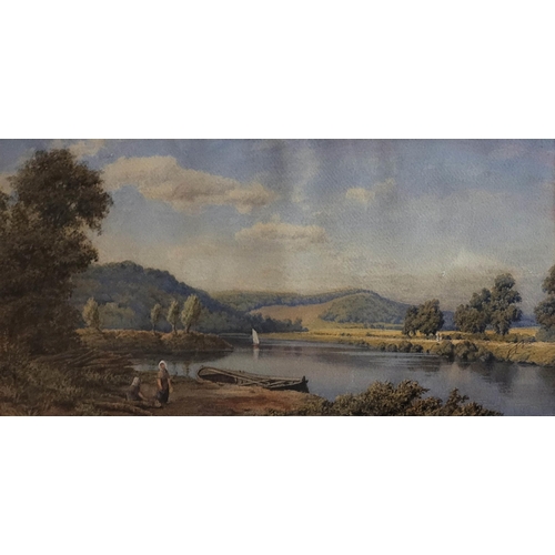 619A - 19TH CENTURY WATERCOLOUR, WOMAN BESIDE LAKE, FRAMED.
80.5cm 50.5cm