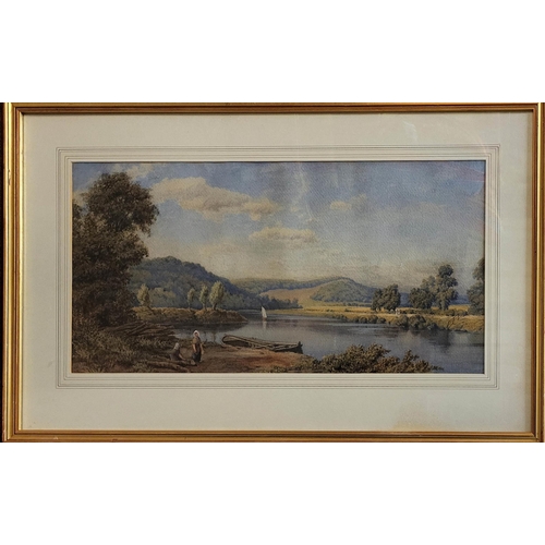 619A - 19TH CENTURY WATERCOLOUR, WOMAN BESIDE LAKE, FRAMED.
80.5cm 50.5cm