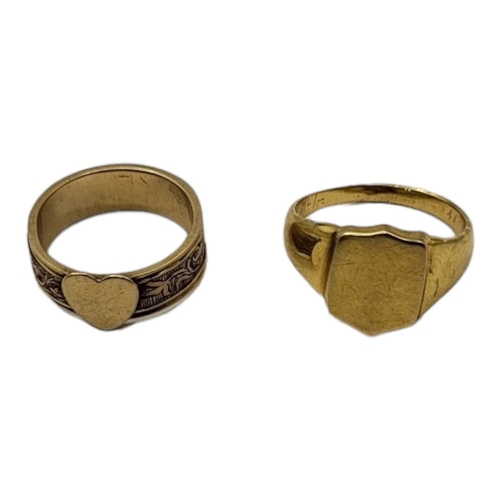 11 - AN EARLY 20TH CENTURY YELLOW METAL GENTS SIGNET RING
Having a shield form mount, together with a yel... 