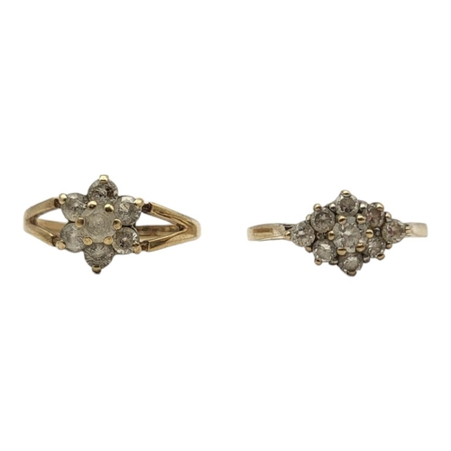 116A - TWO VINTAGE 9CT GOLD AND CUBIC ZIRCONIA RINGS
Daisy cluster and a ring of lozenge form.
(size L)

Co... 