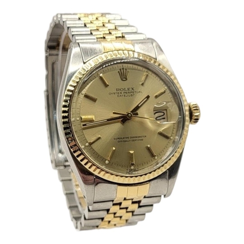 14 - ROLEX, DATEJUST, A VINTAGE 18CT GOLD AND STEEL GENT’S WRISTWATCH
Gold tone dial with calendar window... 