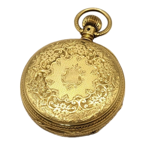 142 - AN EARLY 20TH CENTURY 18CT GOLD POCKET WATCH
Open face gold tone dial with engraved decoration to di... 