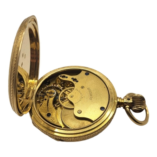 142 - AN EARLY 20TH CENTURY 18CT GOLD POCKET WATCH
Open face gold tone dial with engraved decoration to di... 