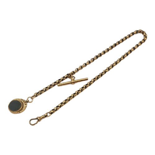 144 - A VICTORIAN 9CT GOLD ALBERT WATCH CHAIN
Having box links with T bar and hardstone swivel fob, in a f... 