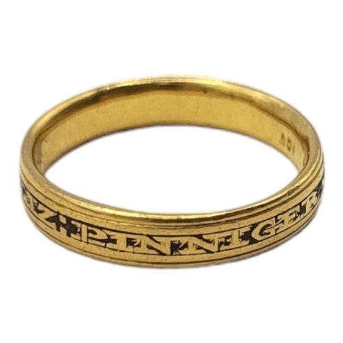 148 - A GEORGIAN SILVER GILT AND ENAMEL MOURNING RING 
Marked in blue Enamel 'Ettz Pinniger Ob 21 Feb 1799... 