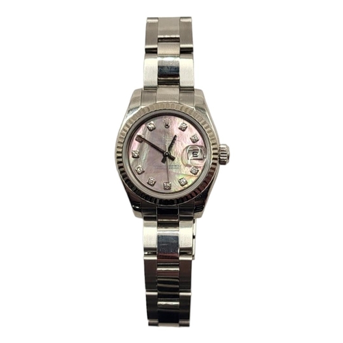 15 - ROLEX, DATEJUST, A STAINLESS STEEL, DIAMOND AND MOTHER OF PEARL LADIES’ WRISTWATCH
Having a calendar... 