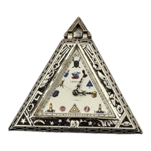 159 - A SILVER PLATE CERVINE MASONIC TRIANGULAR POCKET WATCH
Freemason iconography markers on dial with co... 