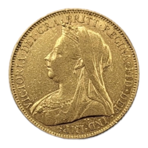 2 - A VICTORIAN 22CT GOLD FULL SOVEREIGN COIN, DATED 1900 
With veil head and King George and Dragon to ... 