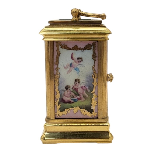 221 - A SÈVRES STYLE FRENCH PORCELAIN AND POLISHED BRASS CARRIAGE CLOCK
Multi-dial seven day mechanism, gl... 