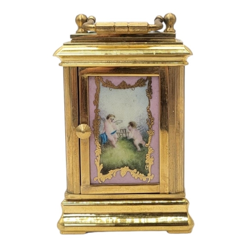 221 - A SÈVRES STYLE FRENCH PORCELAIN AND POLISHED BRASS CARRIAGE CLOCK
Multi-dial seven day mechanism, gl... 