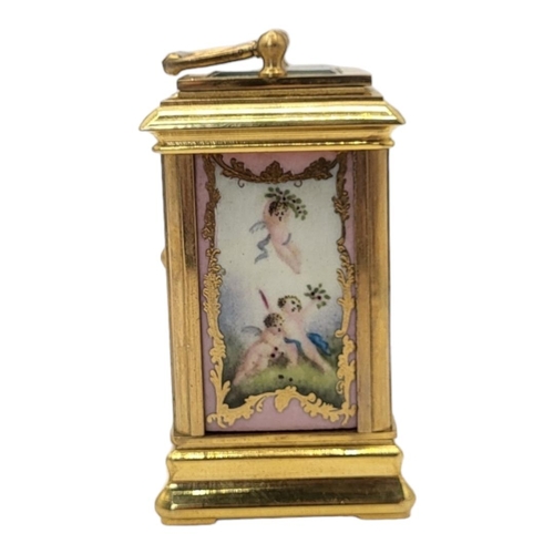 221 - A SÈVRES STYLE FRENCH PORCELAIN AND POLISHED BRASS CARRIAGE CLOCK
Multi-dial seven day mechanism, gl... 