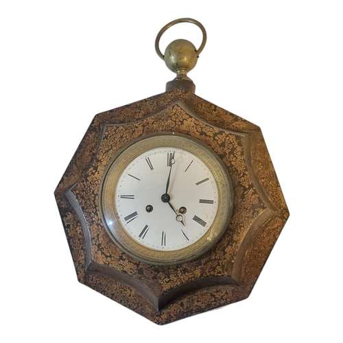 221A - A VICTORIAN TOLEWARE OCTAGONAL DECORATED WALL HANGING CLOCK
With white enamelled dial, chiming movem... 