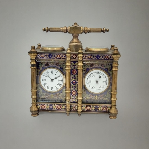 223 - A 19TH CENTURY FRENCH STYLE GILT BRONZE DOUBLE-CLOISONNÉ CARRIAGE CLOCK
Two adjacent bevelled glass ... 