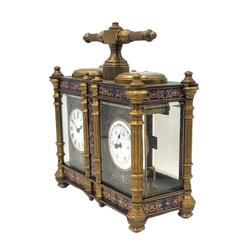 223 - A 19TH CENTURY FRENCH STYLE GILT BRONZE DOUBLE-CLOISONNÉ CARRIAGE CLOCK
Two adjacent bevelled glass ... 