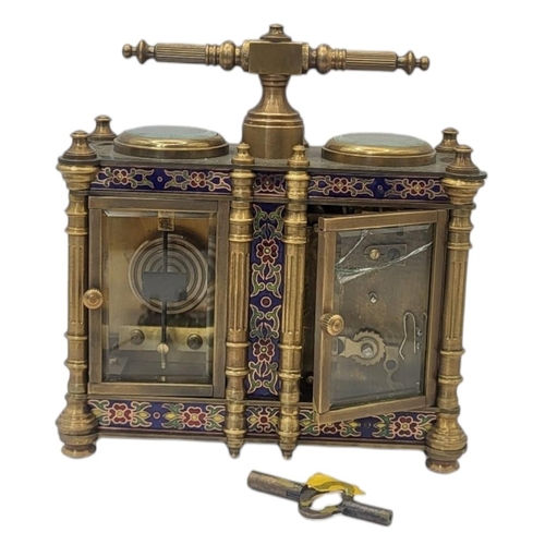 223 - A 19TH CENTURY FRENCH STYLE GILT BRONZE DOUBLE-CLOISONNÉ CARRIAGE CLOCK
Two adjacent bevelled glass ... 