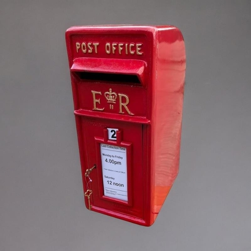 265 - A 20TH CENTURY STYLE CAST IRON RED POST BOX
With embossed Elizabeth II insignia. 
(23cm x 34cm x 56c... 