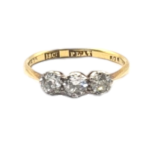 27 - AN EARLY 20TH CENTURY 18CT GOLD AND DIAMOND THREE STONE RING
Having a row of round cut diamonds in a... 