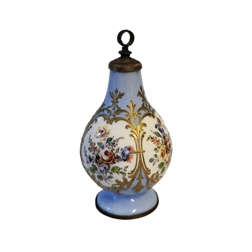 272 - A 19TH CENTURY CONTINENTAL ENAMEL ON GILT METAL SCENT BOTTLE
Ovoid form, fine floral decoration with... 