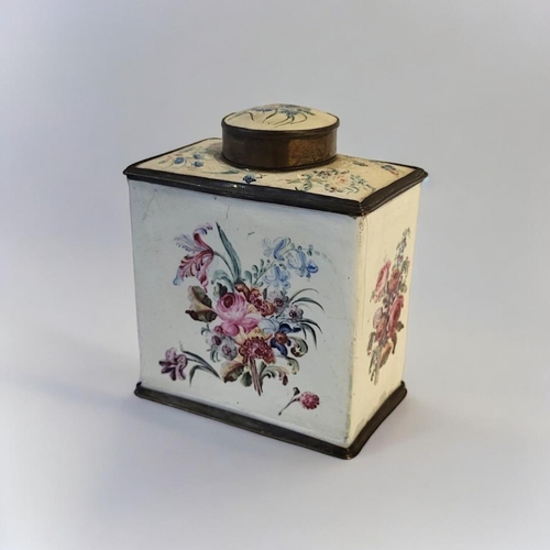 274 - A LATE 18TH/EARLY 19TH CENTURY STAFFORDSHIRE ENAMEL TEA CADDY
Rectangular form with hand painted flo... 