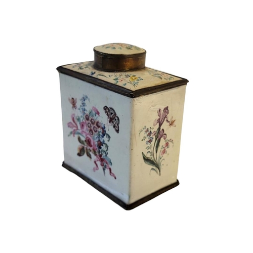 274 - A LATE 18TH/EARLY 19TH CENTURY STAFFORDSHIRE ENAMEL TEA CADDY
Rectangular form with hand painted flo... 