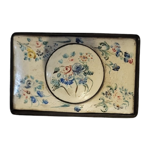 274 - A LATE 18TH/EARLY 19TH CENTURY STAFFORDSHIRE ENAMEL TEA CADDY
Rectangular form with hand painted flo... 