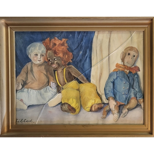 337A - A MID 20TH CENTURY WATERCOLOUR, a group of bisque headed character bebe dolls and two soft toys, ins... 