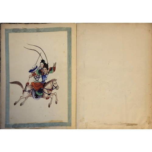 338 - AN ALBUM OF 19TH CENTURY CHINESE WATERCOLOUR ON RICE PAPER, EQUESTRIAN SCENES
Figures wearing period... 