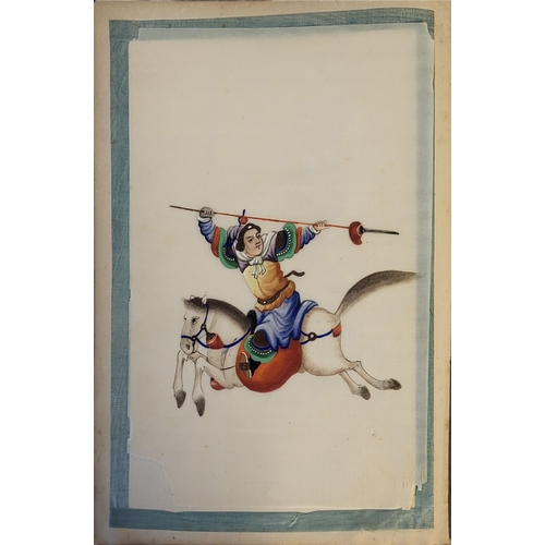 338 - AN ALBUM OF 19TH CENTURY CHINESE WATERCOLOUR ON RICE PAPER, EQUESTRIAN SCENES
Figures wearing period... 