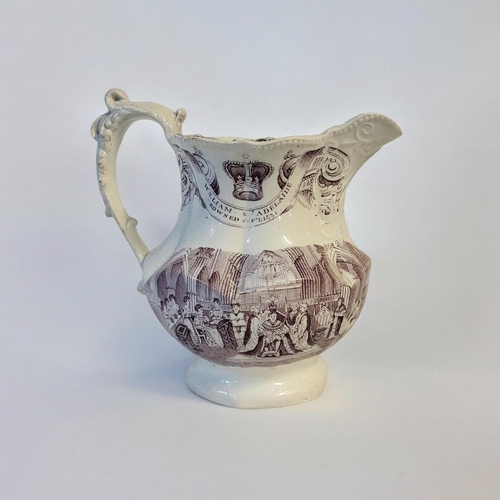 362 - A RARE KING WILLIAM IV AND QUEEN ADELAIDE, 1831, CORONATION PEARLWARE JUG
Printed in puce 'Crowned S... 