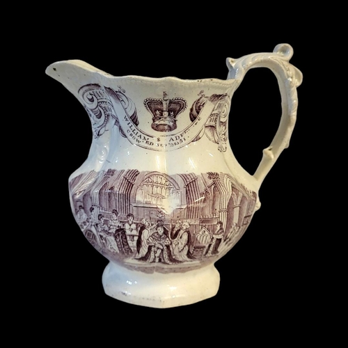 362 - A RARE KING WILLIAM IV AND QUEEN ADELAIDE, 1831, CORONATION PEARLWARE JUG
Printed in puce 'Crowned S... 