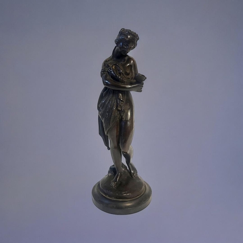 365 - A 19TH CENTURY CONTINENTAL BRONZE FIGURE
Classical form maiden with hand mirror, on black slate base... 