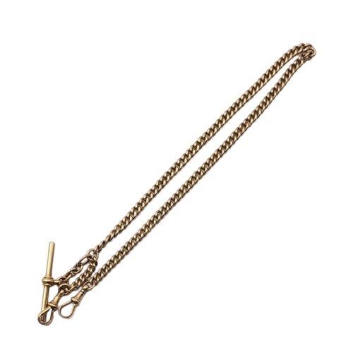 4 - A VICTORIAN 9CT GOLD DOUBLE ALBERT WATCH CHAIN
Having uniform pierced links, T bar and dog clasps.
(... 