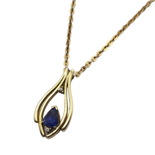 50 - A VINTAGE 18CT GOLD, SAPPHIRE AND DIAMOND PENDANT NECKLACE
The pear cut Sri Lanka/Ceylon sapphire se... 