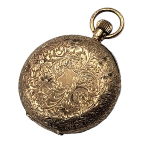 58 - AN EARLY 20TH CENTURY 9CT GOLD LADIES’ POCKET WATCH
Open face with arabic number markings and engrav... 