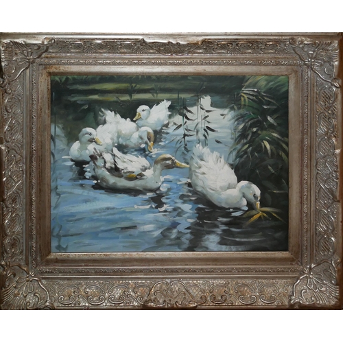 627A - CIRCLE OF BRACERAS, SPANISH, 20TH CENTURY OIL ON CANVAS
Ducks, unsigned, heavy decorative silvered f... 