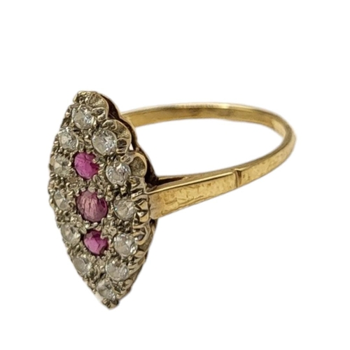 82 - AN EARLY 20TH CENTURY 9CT GOLD, RUBY AND DIAMOND RING
Three round cut rubies edged with diamonds for... 