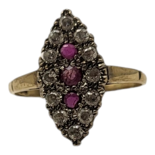 82 - AN EARLY 20TH CENTURY 9CT GOLD, RUBY AND DIAMOND RING
Three round cut rubies edged with diamonds for... 