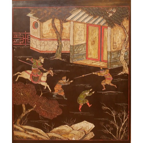 627 - A PAIR OF 19TH CENTURY JAPANESE ENGRAVED AND LACQUERED PANELS

Housed in maple frames. 
(67cm x 82cm... 