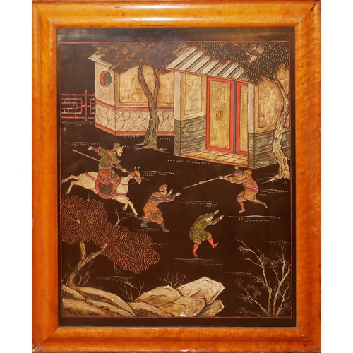 627 - A PAIR OF 19TH CENTURY JAPANESE ENGRAVED AND LACQUERED PANELS

Housed in maple frames. 
(67cm x 82cm... 