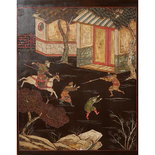 627 - A PAIR OF 19TH CENTURY JAPANESE ENGRAVED AND LACQUERED PANELS

Housed in maple frames. 
(67cm x 82cm... 