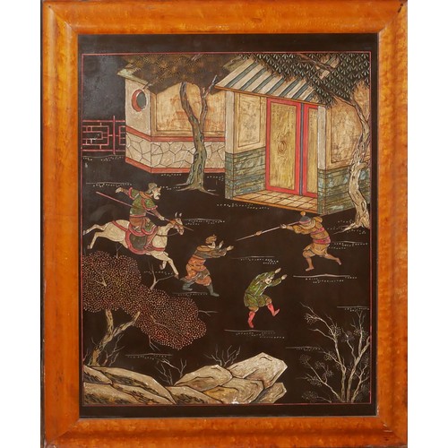 627 - A PAIR OF 19TH CENTURY JAPANESE ENGRAVED AND LACQUERED PANELS

Housed in maple frames. 
(67cm x 82cm... 