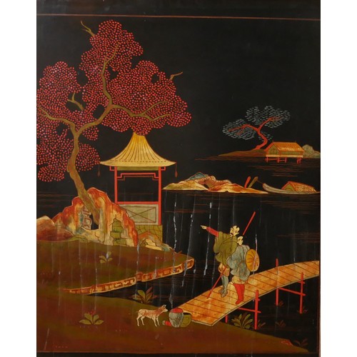 627 - A PAIR OF 19TH CENTURY JAPANESE ENGRAVED AND LACQUERED PANELS

Housed in maple frames. 
(67cm x 82cm... 