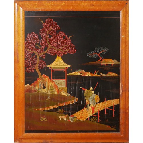 627 - A PAIR OF 19TH CENTURY JAPANESE ENGRAVED AND LACQUERED PANELS

Housed in maple frames. 
(67cm x 82cm... 