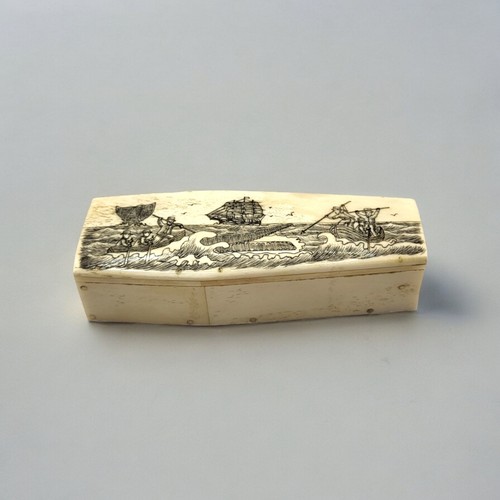 316A - A 19TH CENTURY STYLE BONE SCRIMSHAW TRINKET BOX
In shape of a coffin, with etched whaling scene to l... 