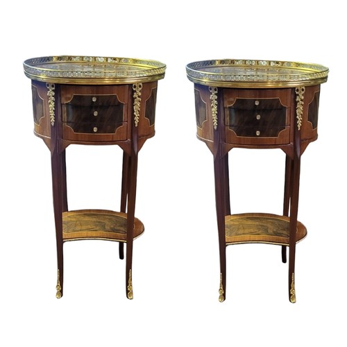 766 - A PAIR OF CONTINENTAL MAHOGANY VENEER AND MARQUETRY INLAID SIDE TABLES
With pierced metal decoration... 