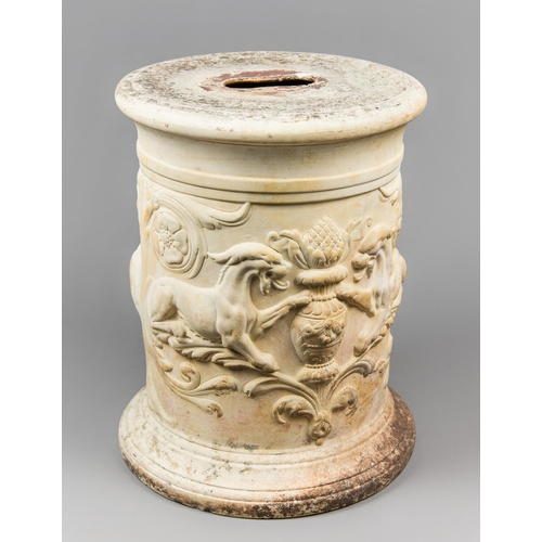 11 - AN ANTIQUE TERRACOTTA PEDESTAL WITH DECORATIVE RELIEF.
(h 40cm x w 31cm x d 31cm)