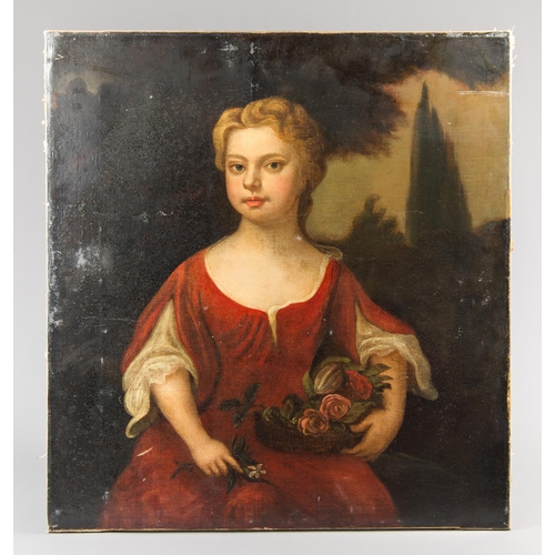 111 - AN 18TH CENTURY PORTRAIT OF A YOUNG IRISH LADY IN A RED DRESS, OIL ON CANVAS.
(h 72cm x w 66cm x d 1... 