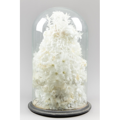 118 - A LARGE AND IMPRESSIVE 19TH CENTURY MARRIAGE GLASS DOME WITH WHITE DOVE FEATHERS.
(h 67cm). Taxiderm... 