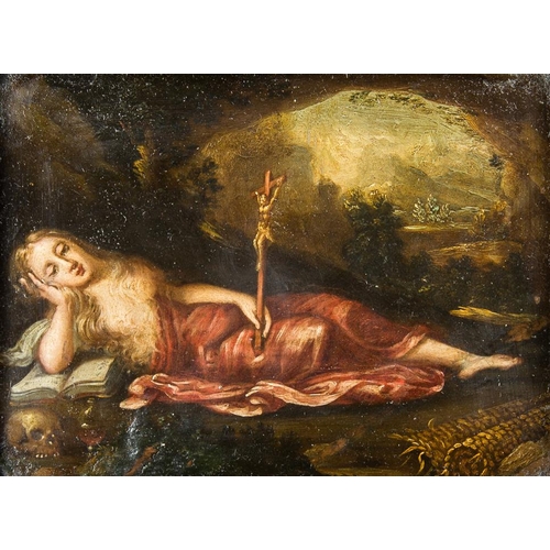 119 - DUTCH SCHOOL, 17TH CENTURY RECUMBENT MARY MAGDALENE OIL ON COPPER.
Picture (17cm x 22cm). Frame (h 3... 