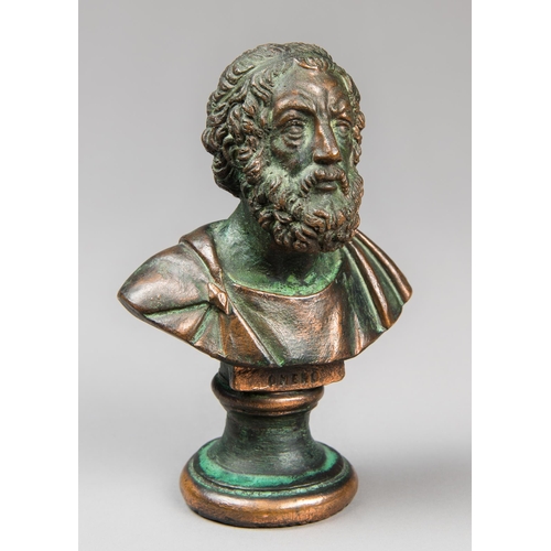 122 - A 20TH CENTURY BRONZED MINIATURE BUST OF ONERO.
(h 15.5cm)